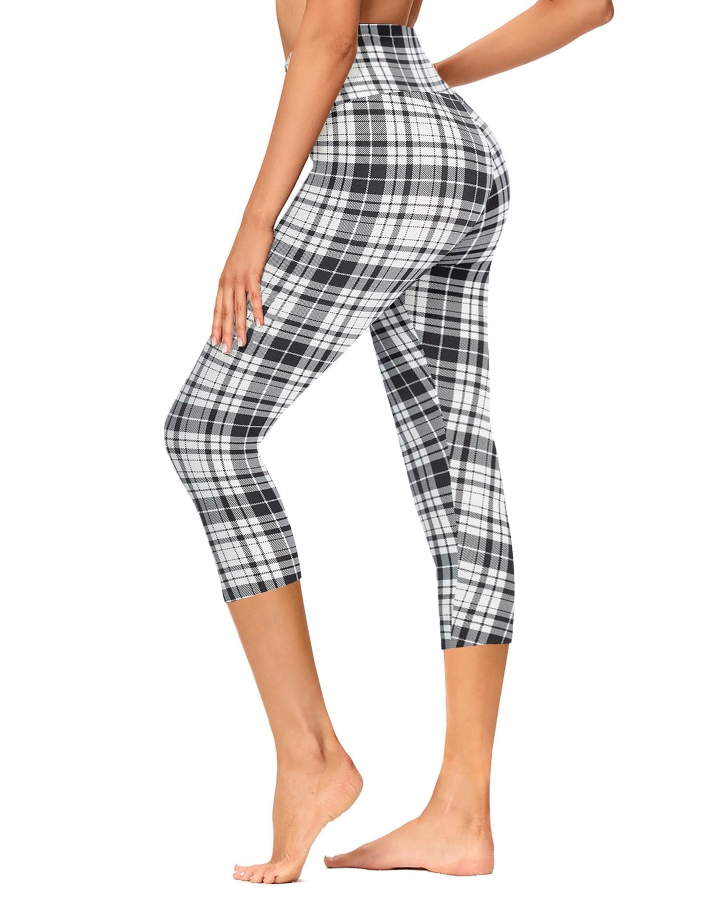 GAYHAY High Waisted Capri Leggings for Women - Soft Slim Yoga Pants for Running Cycling Workout Black White Plaid