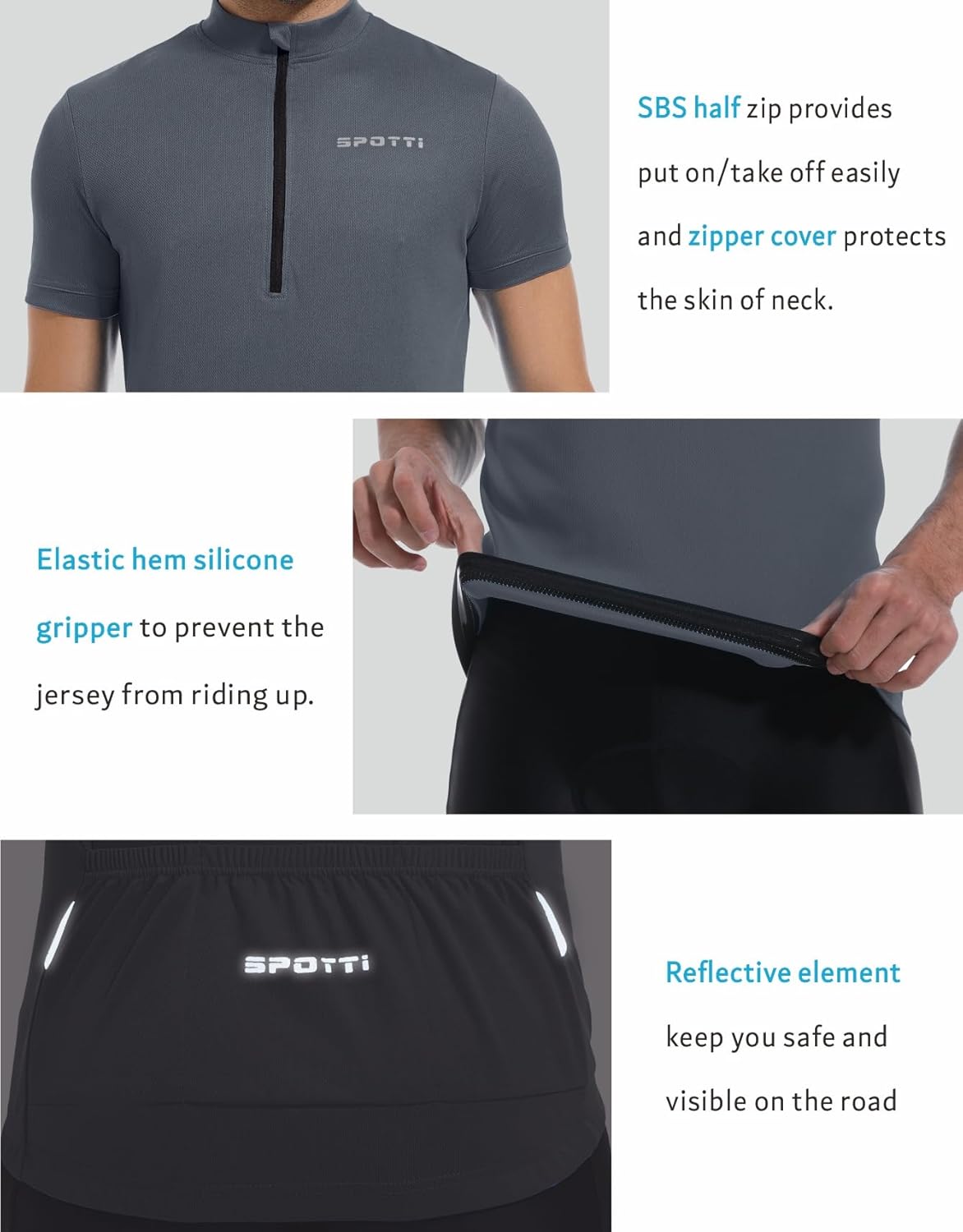 Spotti Men's Cycling Bike Jersey Short Sleeve with 3 Rear Pockets- Moisture Wicking, Breathable, Quick Dry Biking Shirt