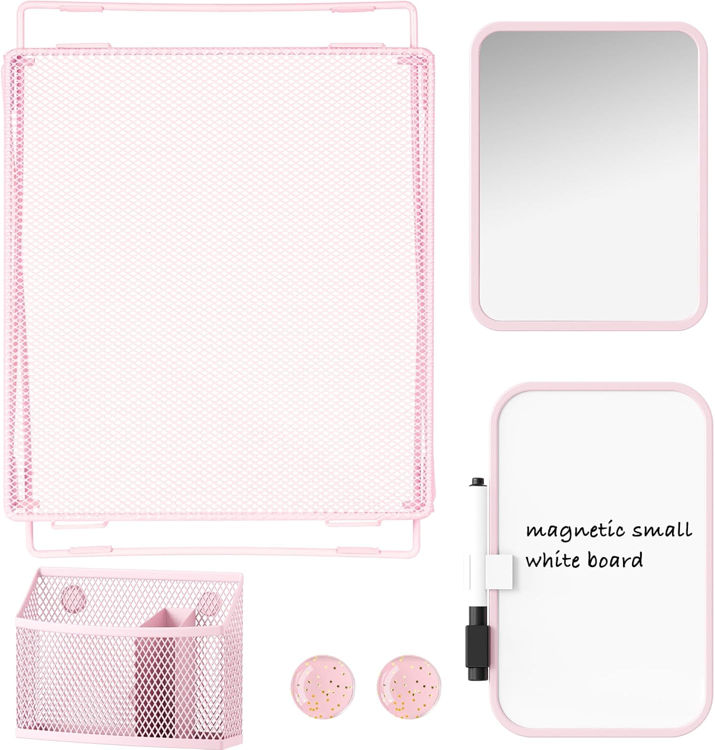Pink Locker Accessories with Locker Shelf, Magnetic Mirror, Magnetic Pen Holder, Magnetic Small Whiteboard, Back to School Essentials Locker Decorations, 7 Piece Locker Organizer for Work