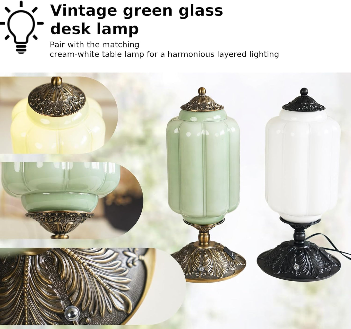 Milk Glass Touch Table Lamp, Elegant Green Jadeite Glass Bedside Desk Lamp 3 Way Dimmable with USB C+A Charging Ports - Bedroom Nightstand & Living Room Essential, 4W Bulb Included (Green, 6.5)