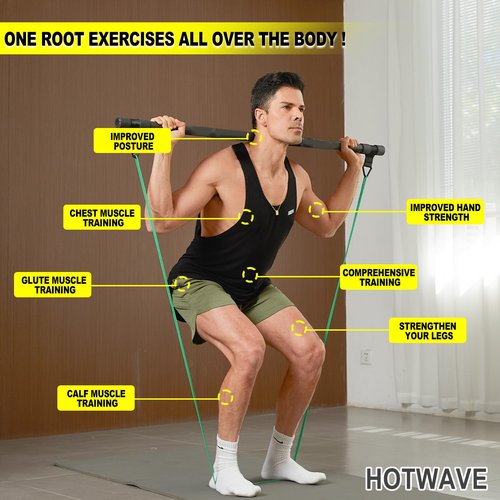 HOTWAVE Resistance Band Bar,Portable Plus Length Strength Training Bar,Adjustable 33"/45",Full Body Exercise Power Lifting Fitness Bar,at Home Workout Equipment