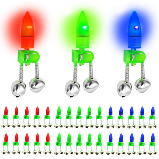 SenseYo 30 Pcs Fishing Bells Clips Fishing Rod Alarm with Dual Alert Bells with Colorful Lights (Red Green Blue)
