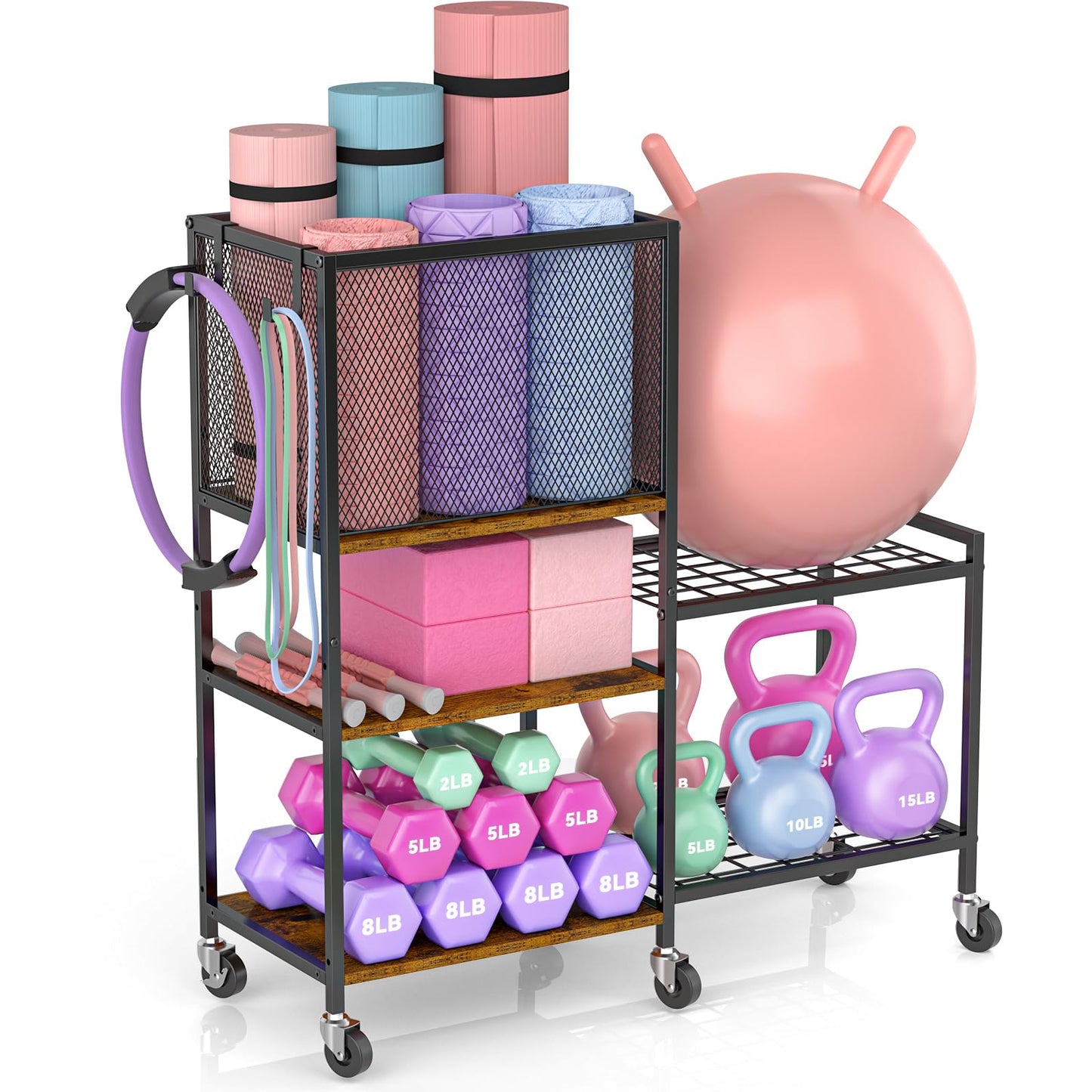5 Tier Dumbbell Rack, Yoga Mat Storage Holder, Home Gym Storage Rack, Workout Equipment Storage Organizer, Weight Storage Holder Rack with Hooks and Wheels