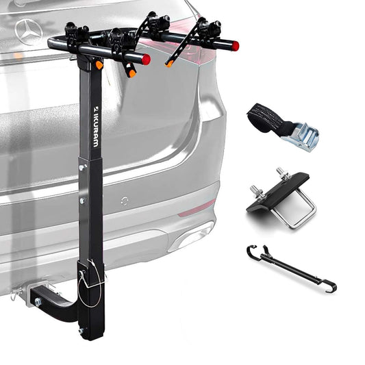 2 Bike Rack Bicycle Carrier Racks Hitch Mount Double Foldable Rack for Cars Truck SUV Fits 2" Receiver, Tie Down Strap, Anti-Rattle Hitch Tightener & Bicycle Cross-bar Adapter for Kid’s Bike