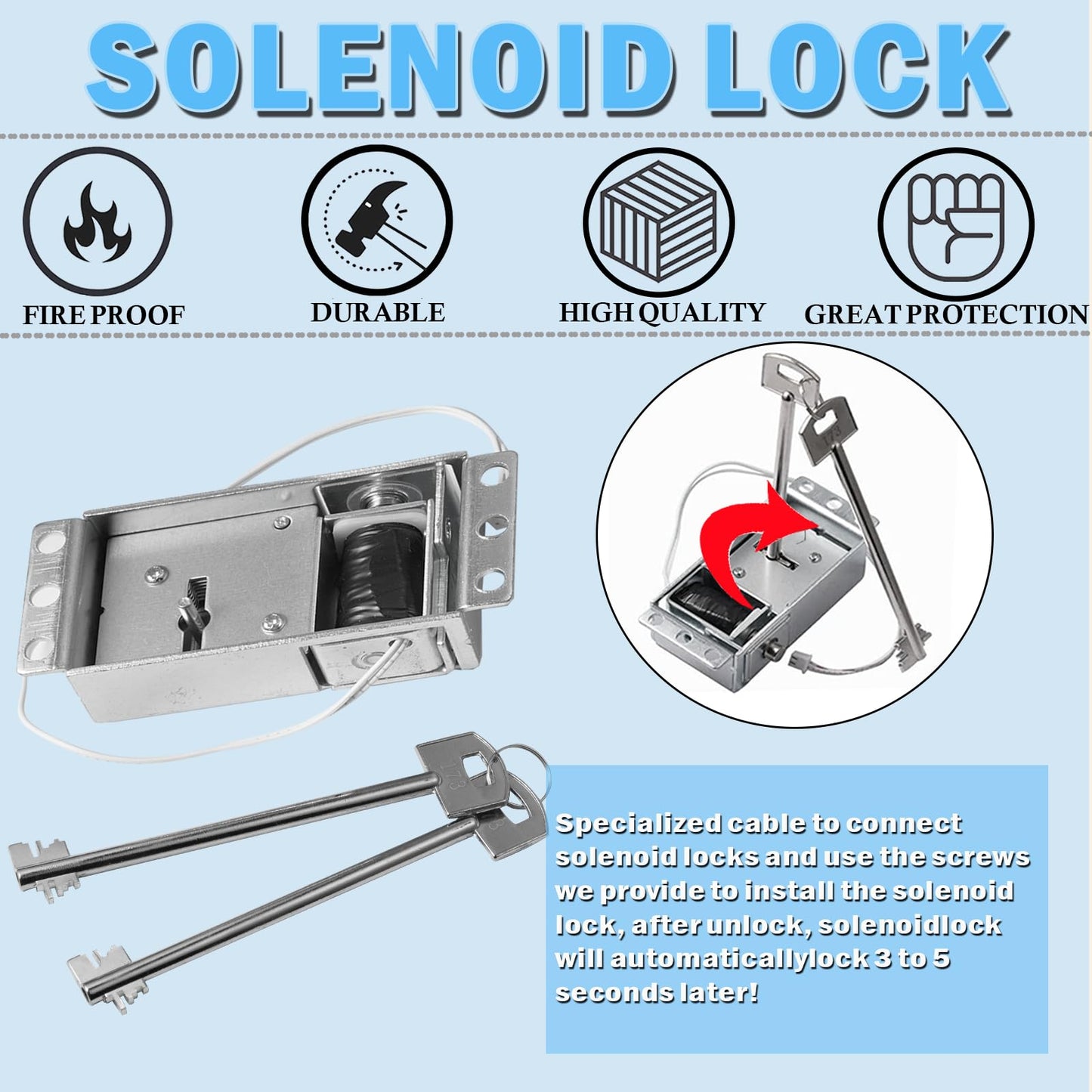 Gun Safe Lock Replacement, Solenoid Lock with 2 Override Keys Black keypad Gun Safe Electronic for Home and Office