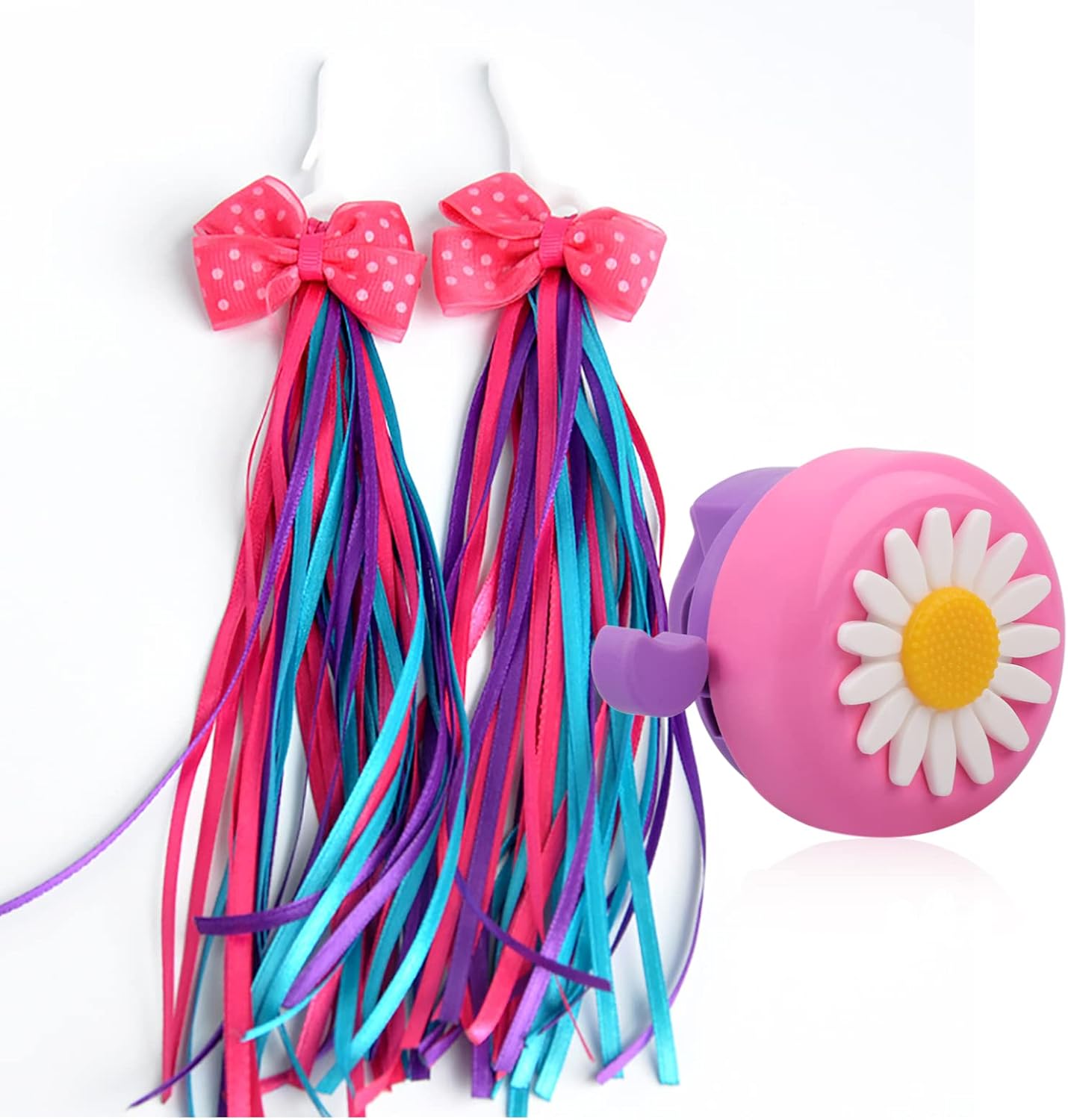 U-LIAN Kids Streamers and Bike Bell for Girls-1 Pack Flower Bicycle Bell with 2 Pack Handlebar Streamers Scooter Tassels for Children's Bike Accessories