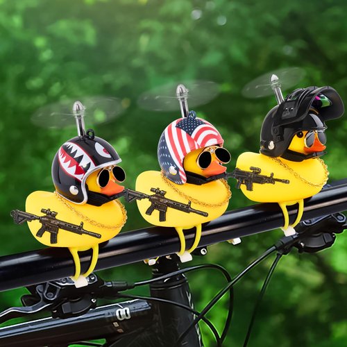 wonuu Rubber Duck Bike Bell, Squeeze Ducks with Helmet for Cycling Car Dashboard Decorations Motorcycle Bicycle Accessories (Silver-Black)