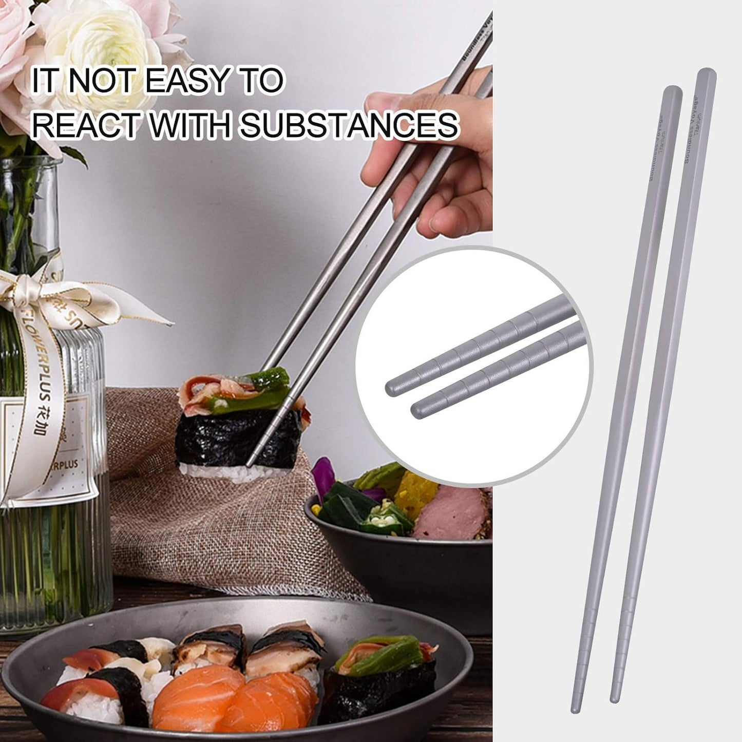 iBasingo Titanium Chopsticks Square Ultralight (15g) Skidproof Chinese Chopsticks for Camping, Travel & Home Use, Reusable Metal Utensil Durable Outdoor Cutlery (1 Pair Ti1001T)