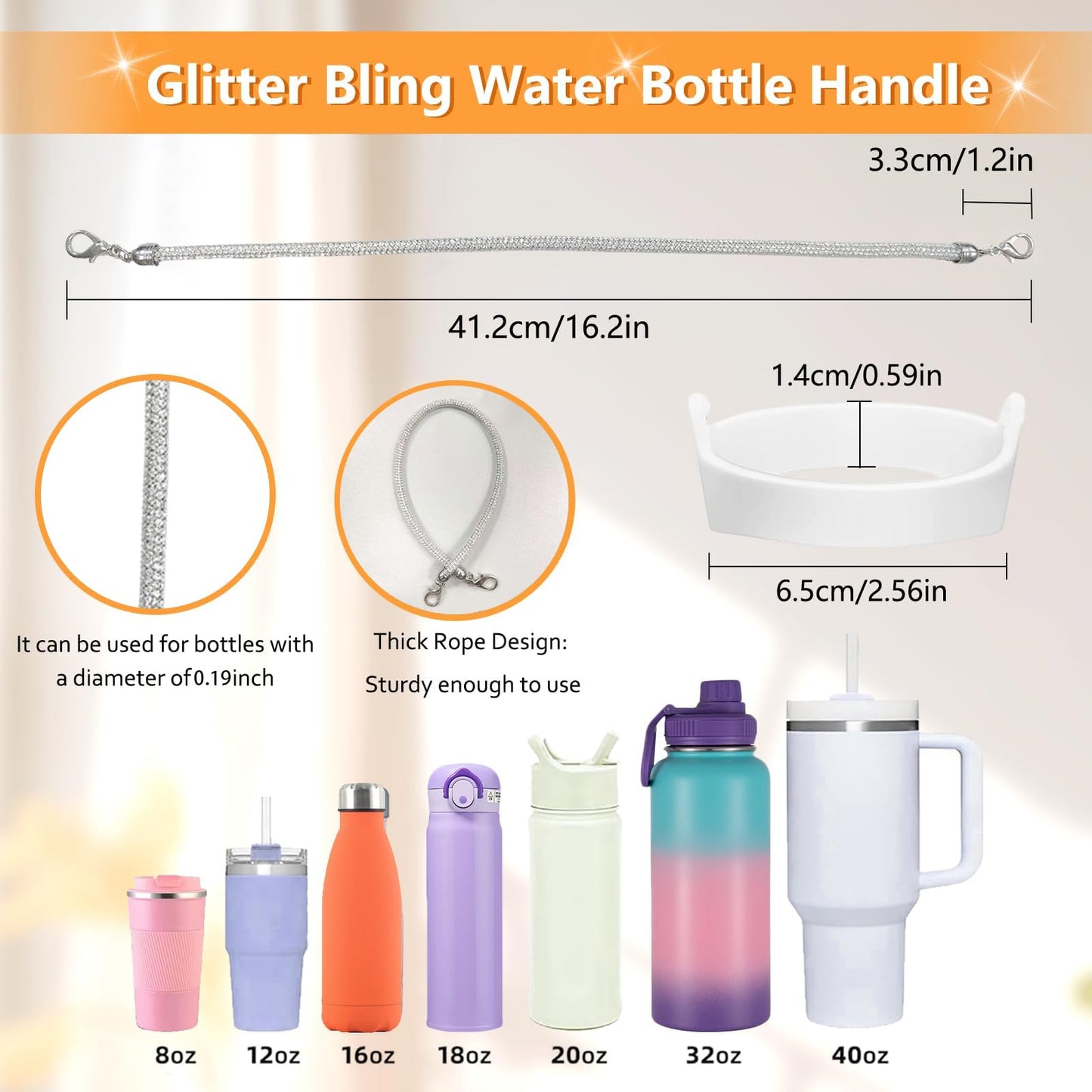 Glitter Handle for Stanley Cup Accessories - Diamond Stanley Tumbler Carrier with Strap Bling Water Bottle Handle Strap(Slim Sliver with net)