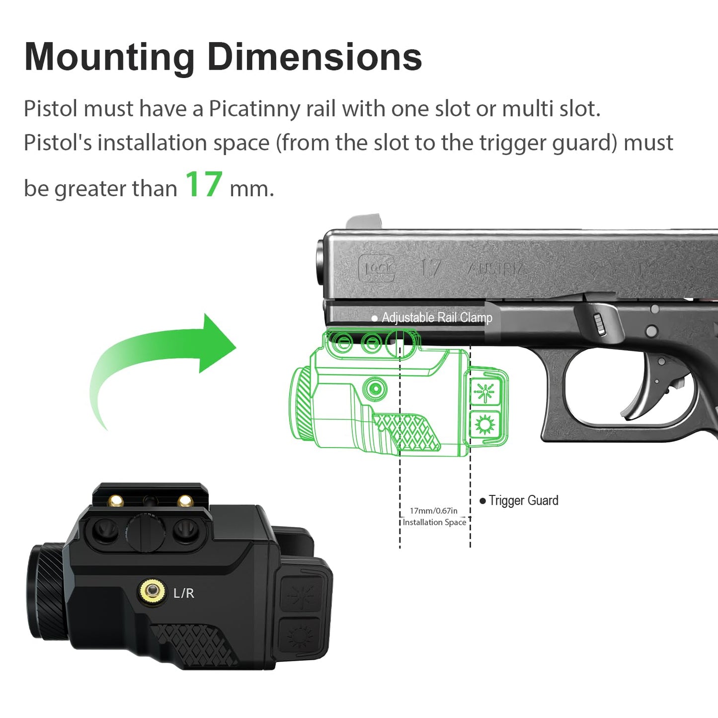 GAZESHOT Mini 700 Lumen Pistol Light Laser Combo Weapon Light Tactical Flashlights, Magnetic USB Rechargeable with Green Beam and Strobe Mode for GL Glock and Picatinny Rail