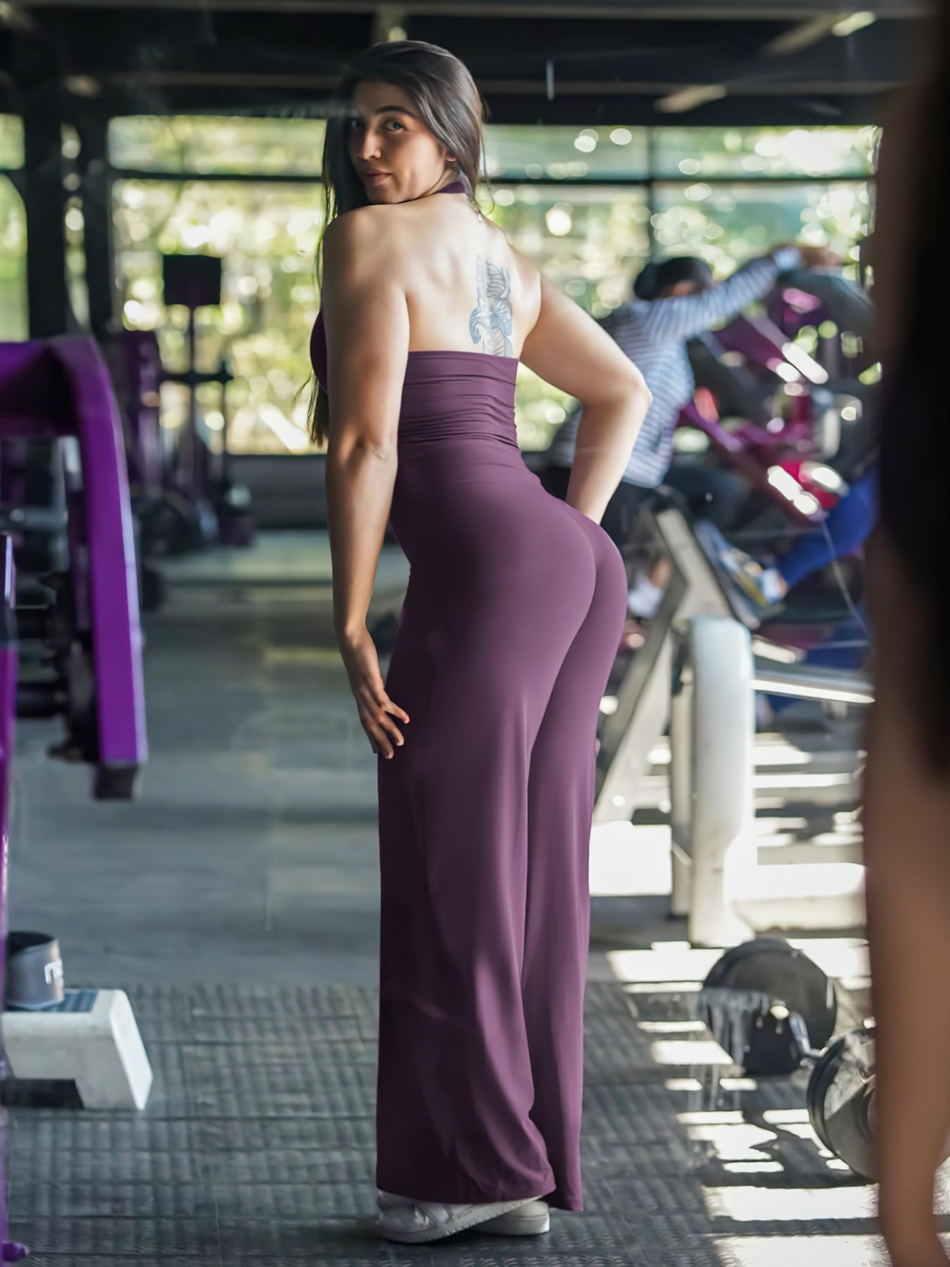 YEOREO Workout Leggings Womens No Front Seam Straight Leggings 35" High Waist Buttery Eddiy Gym Yoga Pants Black Berry Purple XL