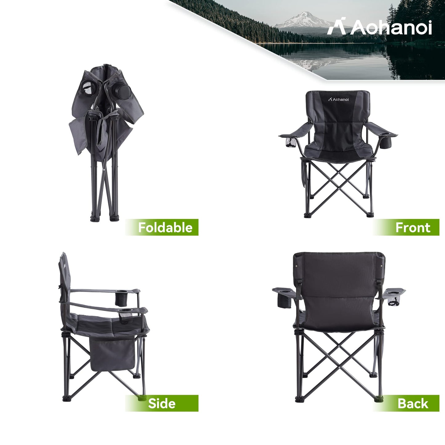 Aohanoi Oversized XL Camping Chairs for Adults, Padded Folding Camp Chair with High Back, Cup Holder & Side Pocket for Outside, Lawn, Beach, Fishing, Sports, Folding Heavy Duty Chairs, Black