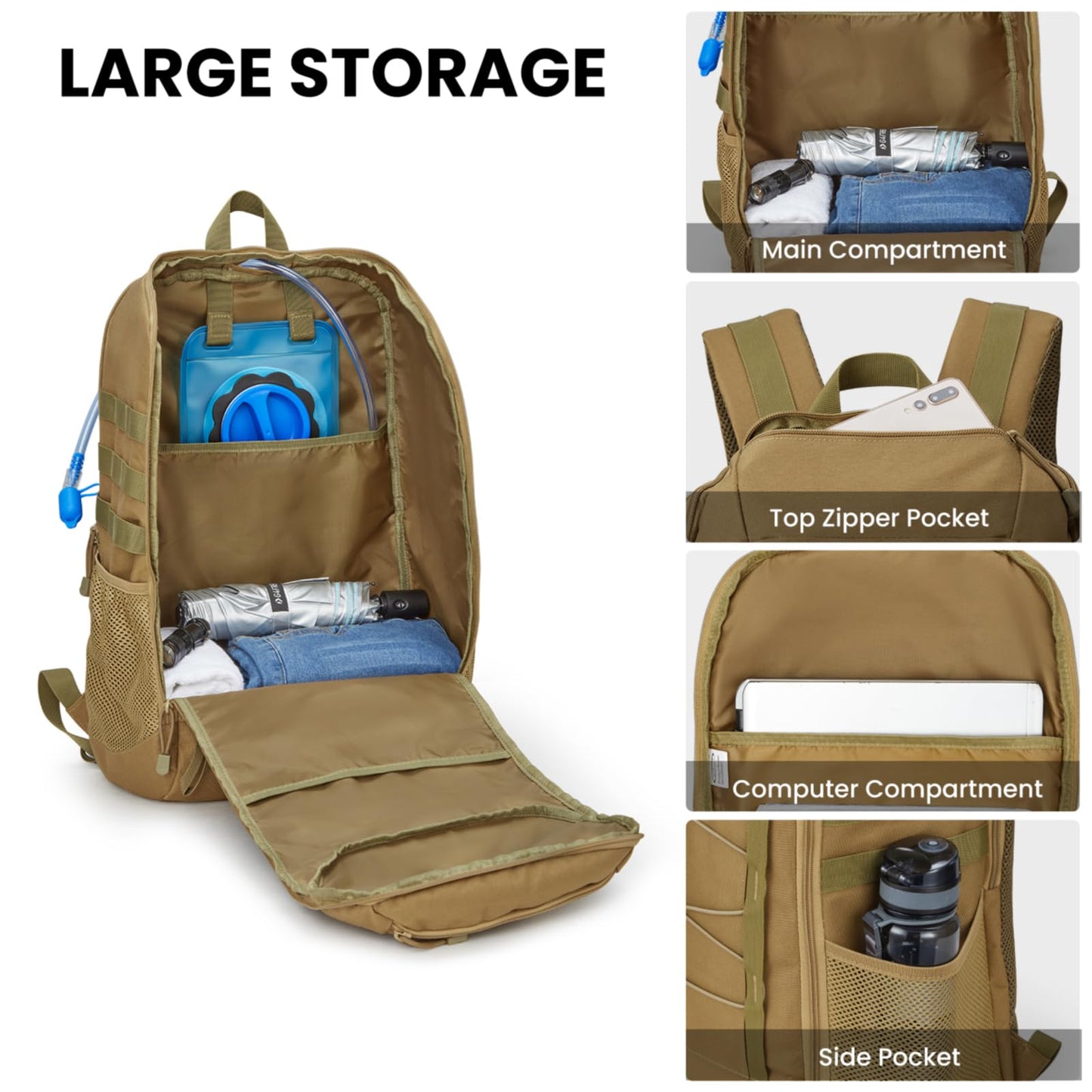 G4Free 45L Military Tactical Backpack 3 Day Assault Survival Molle Pack for Hiking Camping Traveling(Tan)