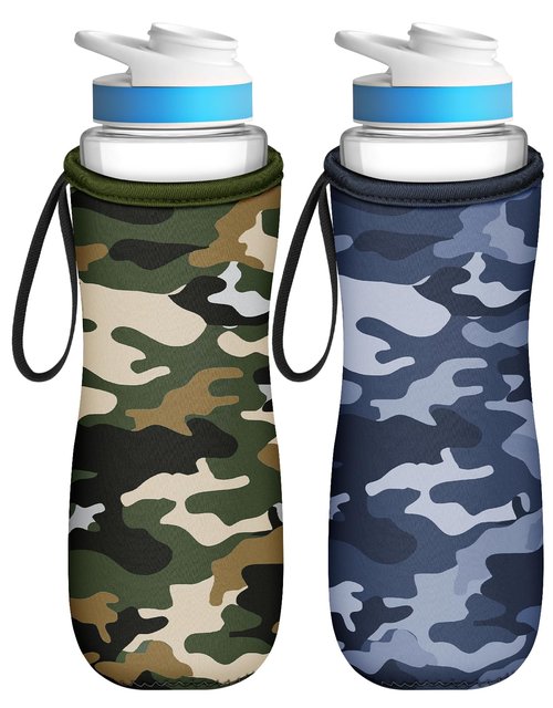 Toykee Water Bottle Sleeve for Cirkul 22 oz - 2 Pack Bottle Cover Holder Carrier with Handle Strap Green Grey Camouflage Print for Men Boy