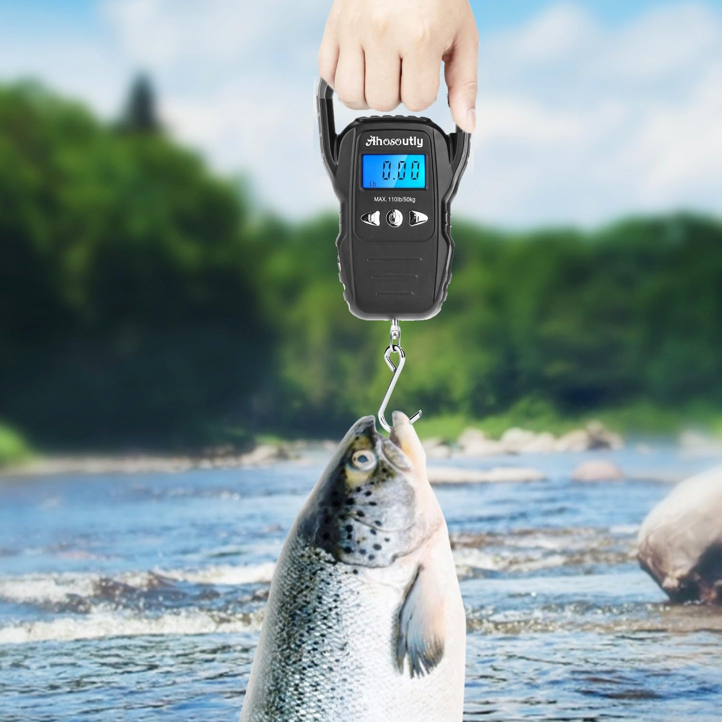Fish Scale,110lb/50kg Large Handle,Large Backlit LCD Display,Digital Fish Scale with Built-in Measuring Tape, Outdoor Fishing Gifts for Men,Black