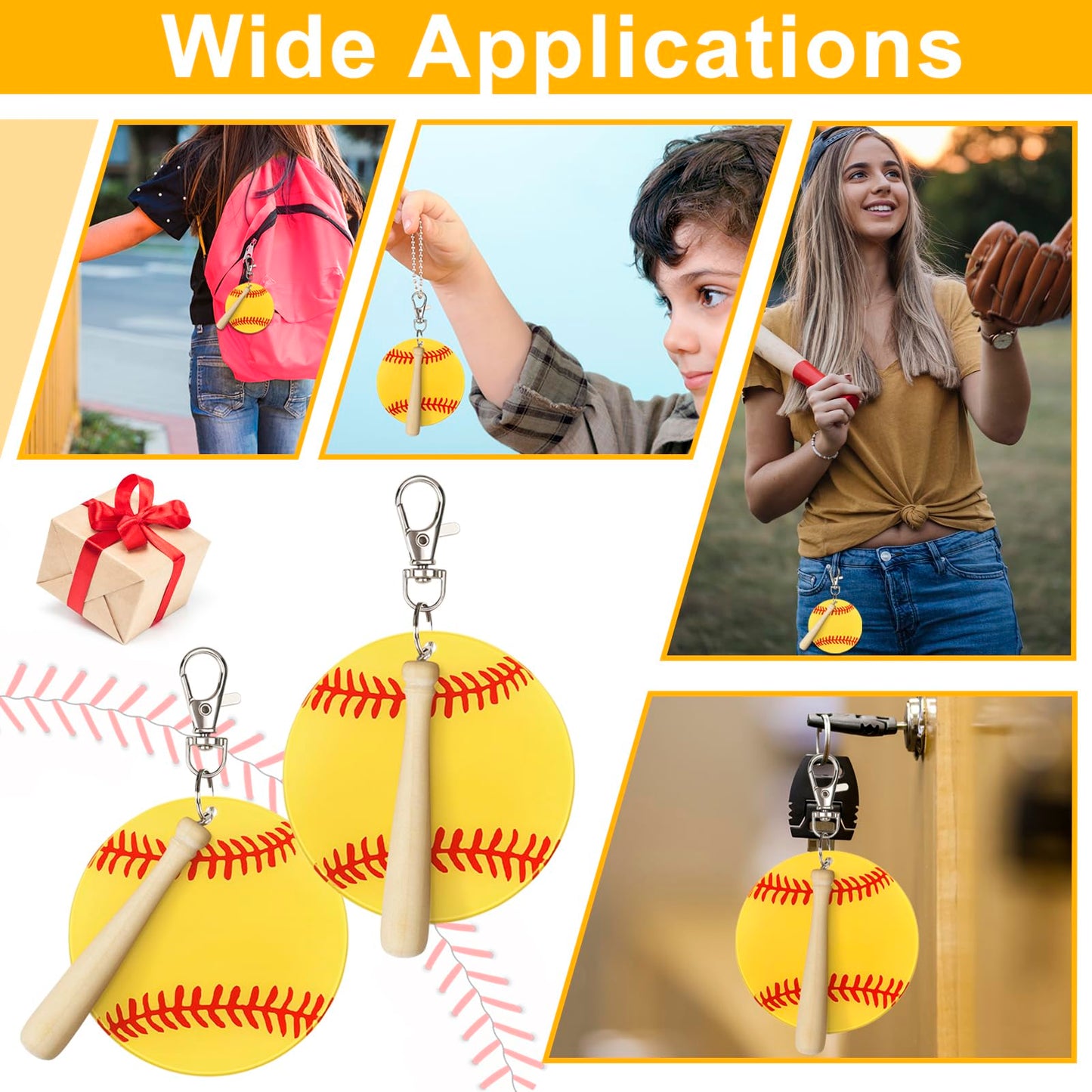 18 Sets Baseball Softball Acrylic Keychain Blanks Kit, AUHOKY 18Pcs Acrylic Baseball Blanks with 18 Miniature Softball Wood Bat, 18 Swivel Snap Keychain Hooks, 2 Pen for DIY Sports Party Favor(Yellow)