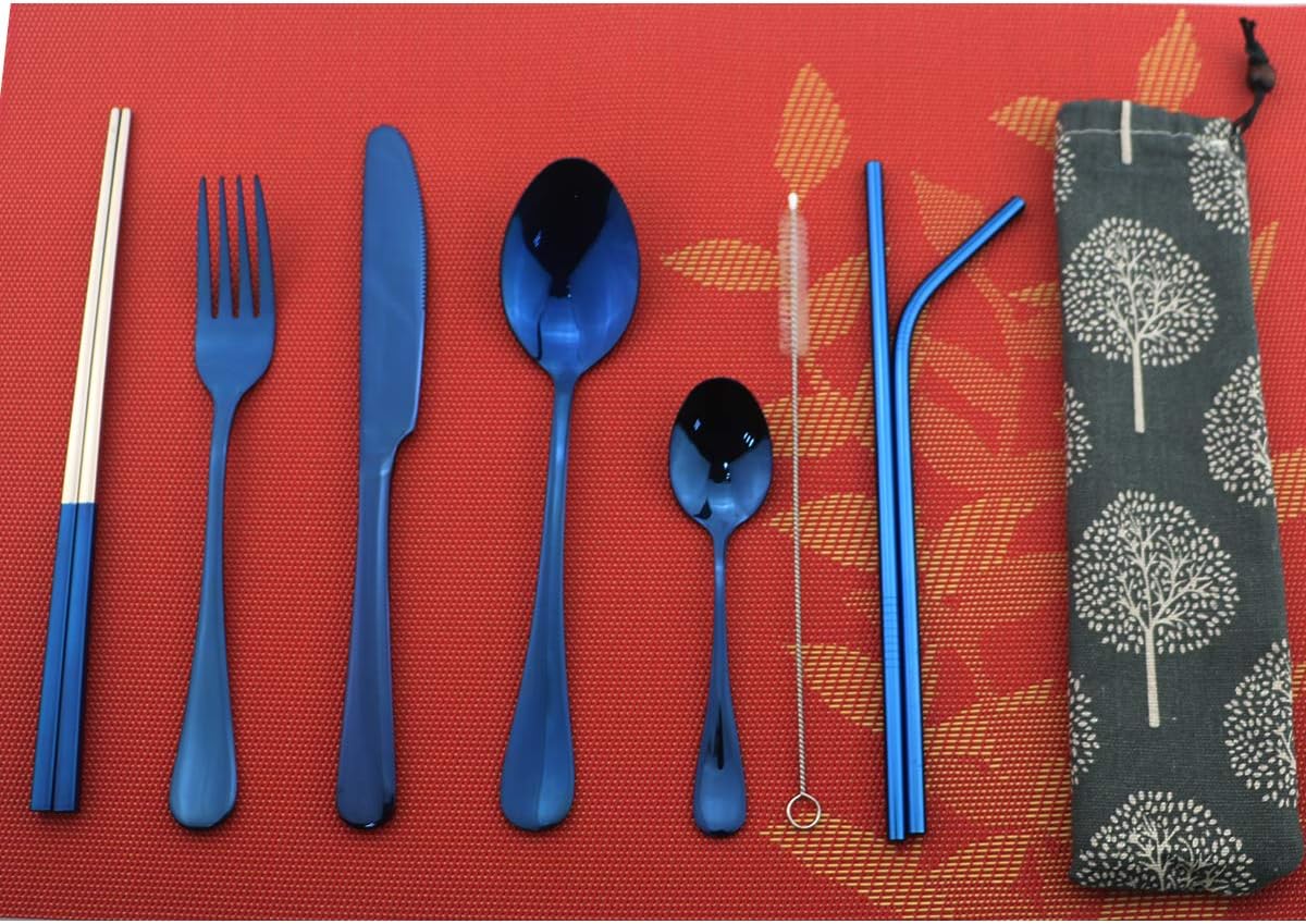 8 Pieces Stainless Steel Mirror Poblished Flatware Set Reusable Cutlery Set Travel Utensils Set with Straws for Camping Office or School Lunch,Dishwasher Safe (Rose Gold)