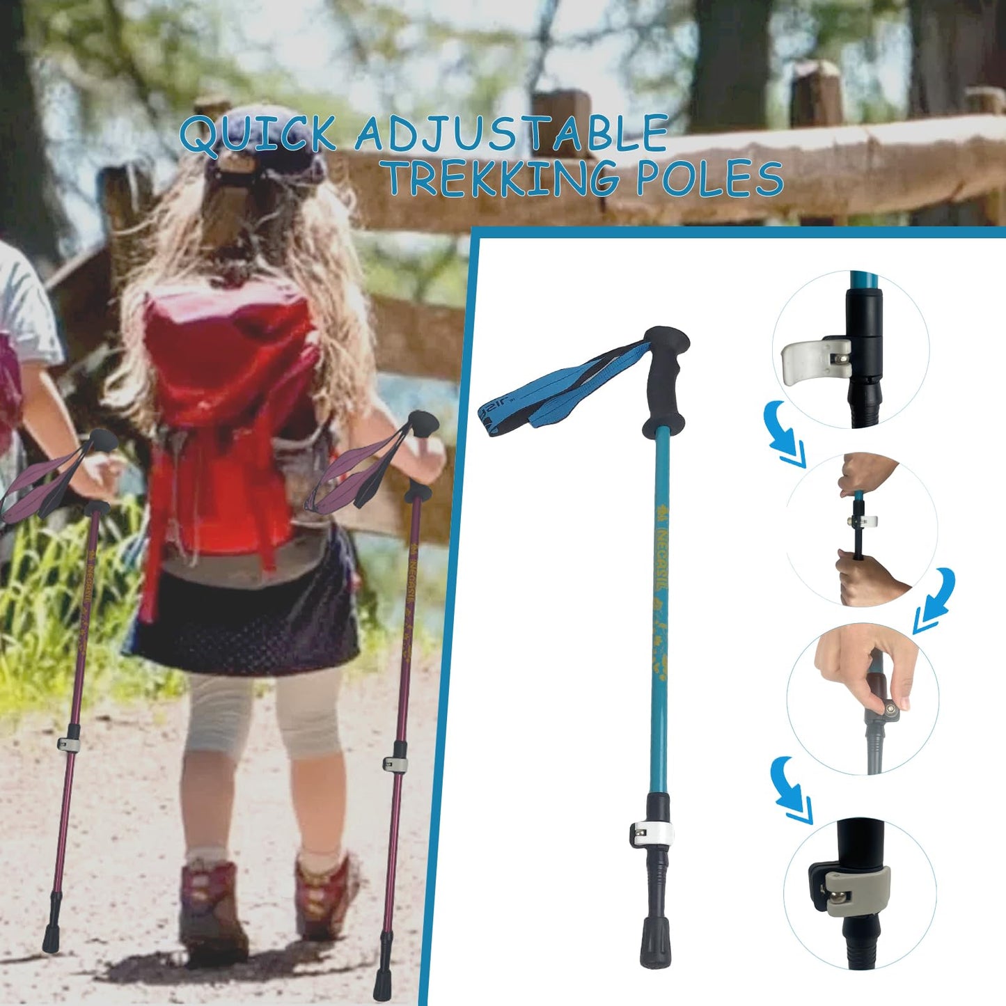 ALYEEPLOR 2PCS Adjustable Aluminum Kids Hiking Poles, Lightweight Collapsible Trekking Poles for Hiking, Ski, Outdoor Activities, Hiking Stick Gear (Blue, Aluminum)