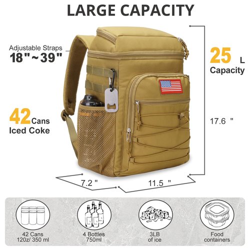 Tactical Backpack Cooler, 25L Cooler Backpack Insulated Leak-Proof, Heavy Duty Large Lunch Backpack, Waterproof Ice Chest Backpack for Men Women Adults Work Daytrip Camping Beach Hiking Accessories