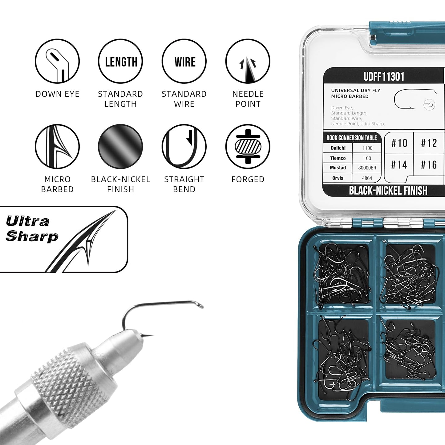 SF 10# 12# 14# 16# Fly Tying Hooks Kit Assortment Micro Barbed High Carbon Steel Standard Dry Curved Nymph Scud Pupa Fly Fishing Hook 240Pcs with Waterproof Magnetic Hook Box