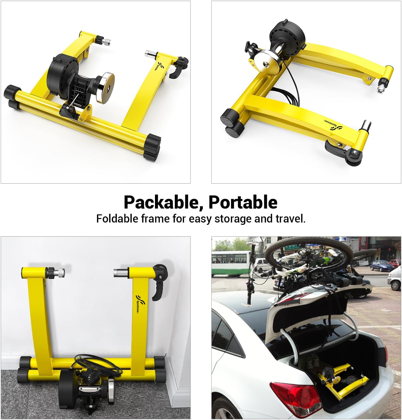 Sportneer Bike Trainer - Magnetic Stationary Bike Stand for 26-28" & 700C Wheels - Adjustable 6 Level Resistance Bike Trainer Stand for Indoor Riding with Quick Release Lever & Front Wheel Riser Block