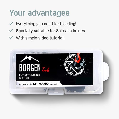 Borgen Brake Bleeding Kit for Shimano Hydraulic Bike Disc Brakes - Bike Bleed Kit with 100 ml (3.4oz) Hydraulic System Shimano Mineral Oil - Instructions and Video | Gloves and Bleed Block Included