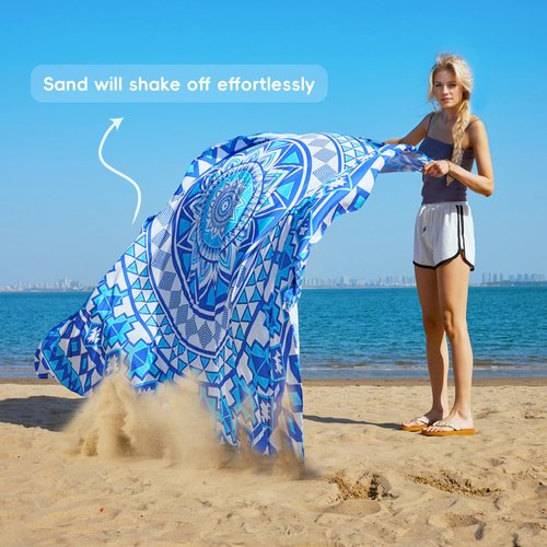 Boho Beach Blanket Sandproof Waterproof Extra Large Blankets for 1-8 Adults Size 110"x118" with Ground Mails, Pouch Bag, Anti Sand