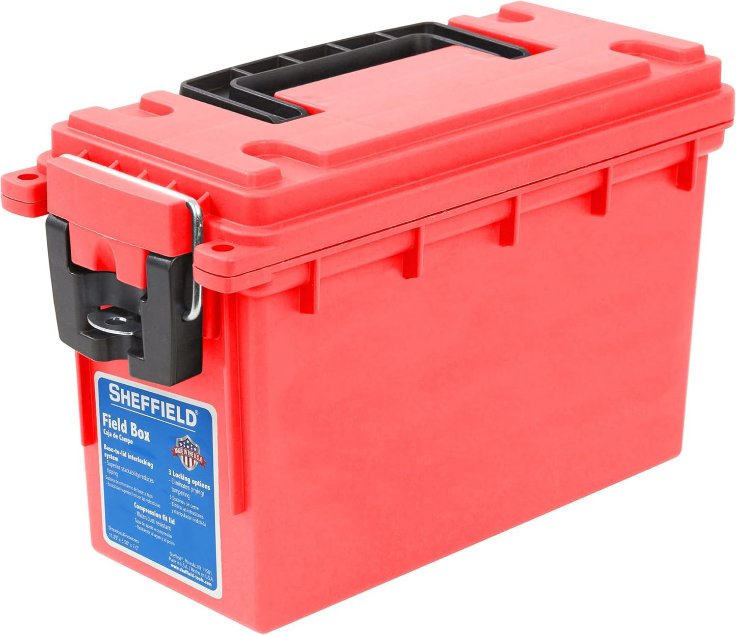 Sheffield 12629 Ammo Storage Box, Stackable .30 Cal Field Boxes, Water and Dust Resistant, Lockable Storage Box with Handle, Secures Hunting Gear, Supplies, and Bullets, Made in USA, Black, 1-Pack