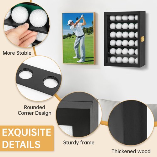 WELIDAY Golf Ball Display Case, Solid Wood Golf Ball Holder, Wall Mounted Golf Ball Rack with Acrylic Door for Golf Enthusiasts (Black, for 30 Golf Balls)