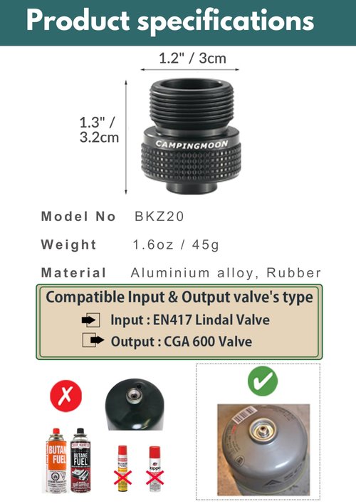 CAMPINGMOON Camping Canister Propane Gas Stove Grill Adapter, Input: EN417 Lindal Valve Canister, Output: CGA 600 Connection BKZ20 (Black CGA 600 Adapter)