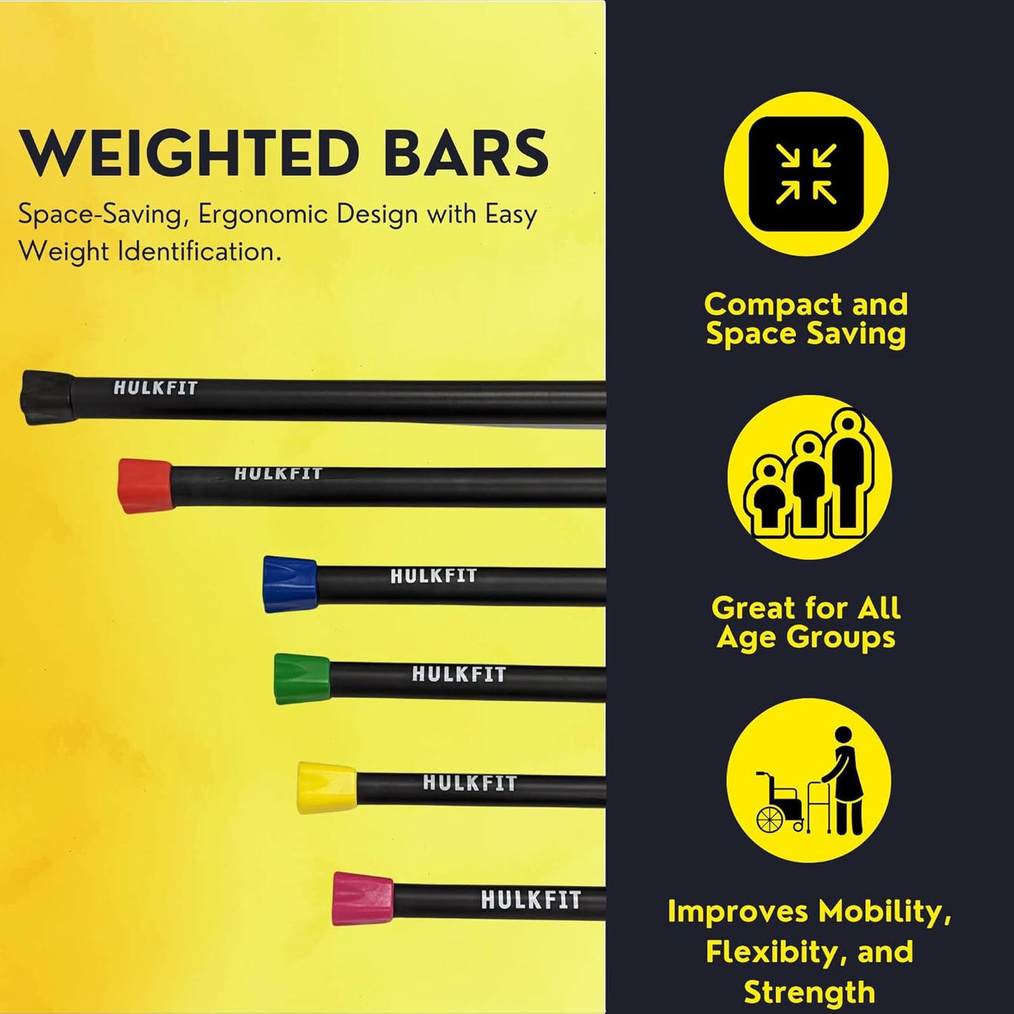 HulkFit Total Body Workout Weighted Exercise Bar Exercise Equipment for Mobility and Strength Training Squats, Lunges, Bench Press, and Deadlifts - Multiple Weights and Multicolor