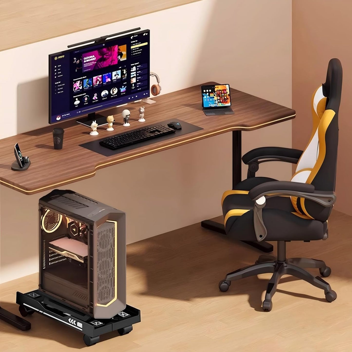 Adjustable Computer Tower Stand, Mobile PC Stand for Floor with 4 Locking Caster Wheels Fits Most PC, Under Desk CPU Holder for Office, Gamers and Students (Black)