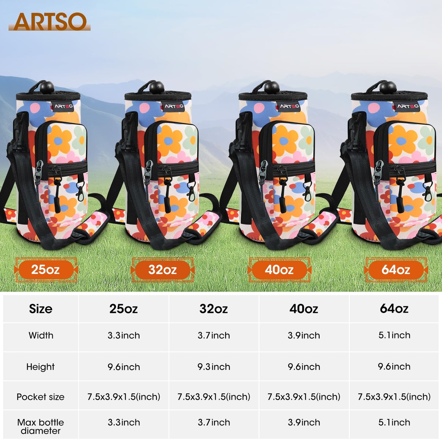 ARTSO Water Bottle Carrier Bag with Phone Pocket, Neoprene Sleeve Water Bottle Holder Sling Bag Pouch with Adjustable Strap 25/32/40/64 oz for Walking Hiking Camping Gym(25oz, Colorful Flowers)