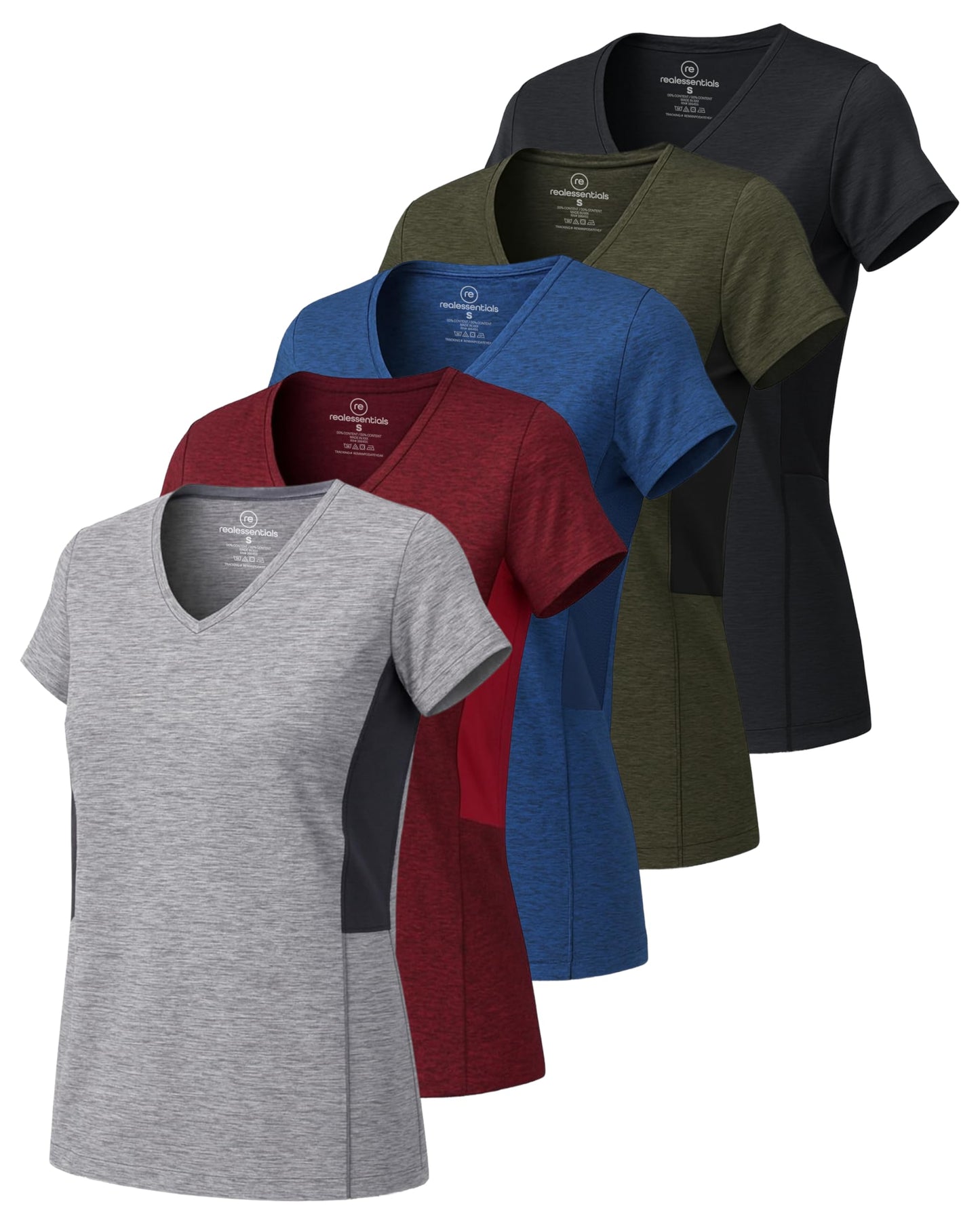 Real Essentials 5 Pack: Women's Dry-Fit Short Sleeve V Neck T Shirt Workout Fitness Yoga Top Tee (Available in Plus Size), Set 3, 1X