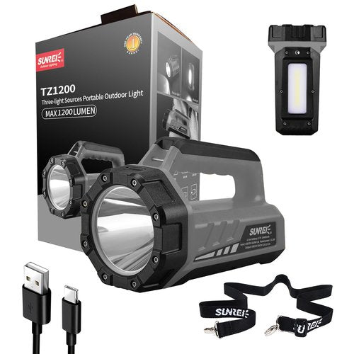 SUNREI Rechargeable LED 1200LM Flashlight, 8 Light Modes Portable Camping Lantern, 10400mAh Power Bank, IP67 Waterproof for Emergencies Power Outages, Hurricane Emergency, Hiking, Home, etc
