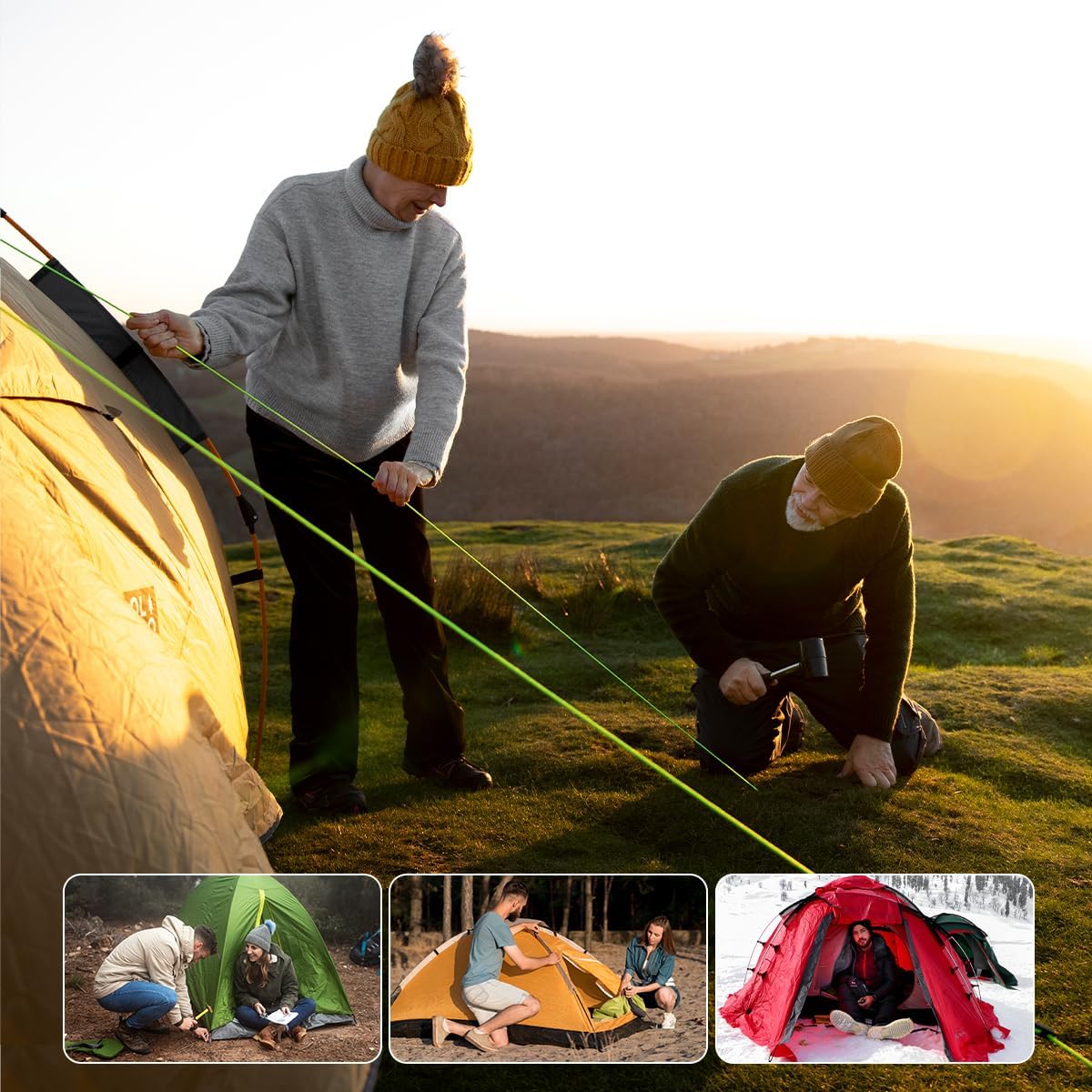 Keovoker 12 Pack Tent Stakes, 7-inch Ultralight Aluminum Ground Pegs with Reflective Pull Ropes, Tri-Beam Stake in a Carrying Bag, for Camping, Backpacking, Hiking, Hammocks and Canopy, Red