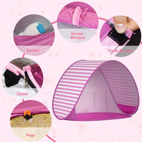 Baby Beach Tent with Pool, UPF 50+ Beach Sun Shelter Outdoor Tent for Aged 36 Months Baby and Kids, Parks and Beach Shade Portable Mini Pool Pink
