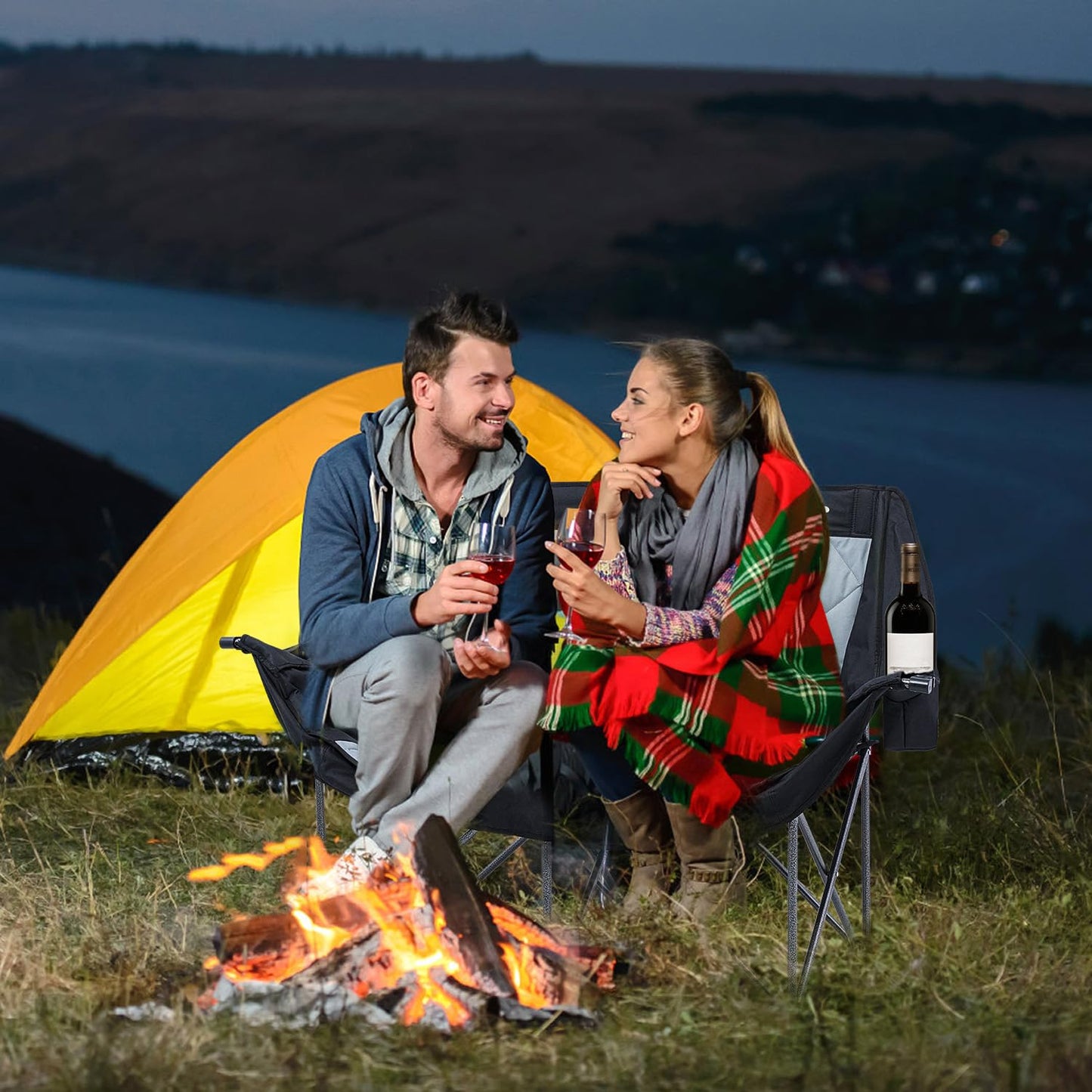 ANGELBECKE Double Camping Chair Oversized Padded Camping Sofa for 2 Person Heavy Duty Outdoor Folding Couch Portable Lawn Chair with Dual Cup Holders & Wine Glass Holders Weight Bearing 660LBS