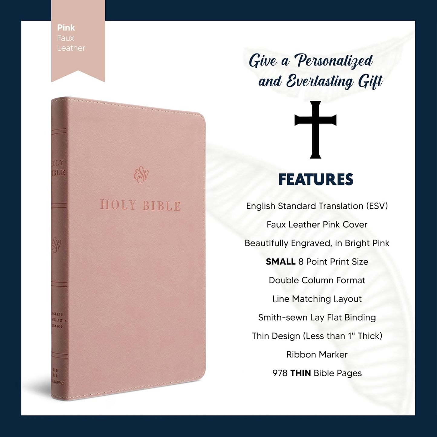 Custom Personalized Pink ESV Bible | Small Text | Blush Pink Engraved Name | Faux Leather Premium Church Bible | English Standard Version Translation with Lay Flat Design