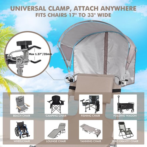 Universal Chair Umbrella Canopy, UPF 50+ Sun Shade with Adjustable Clamp, Fits Most Brands’ Beach, Camping, Lawn, Tanning, Zero Gravity, Lounge & Fishing Chairs
