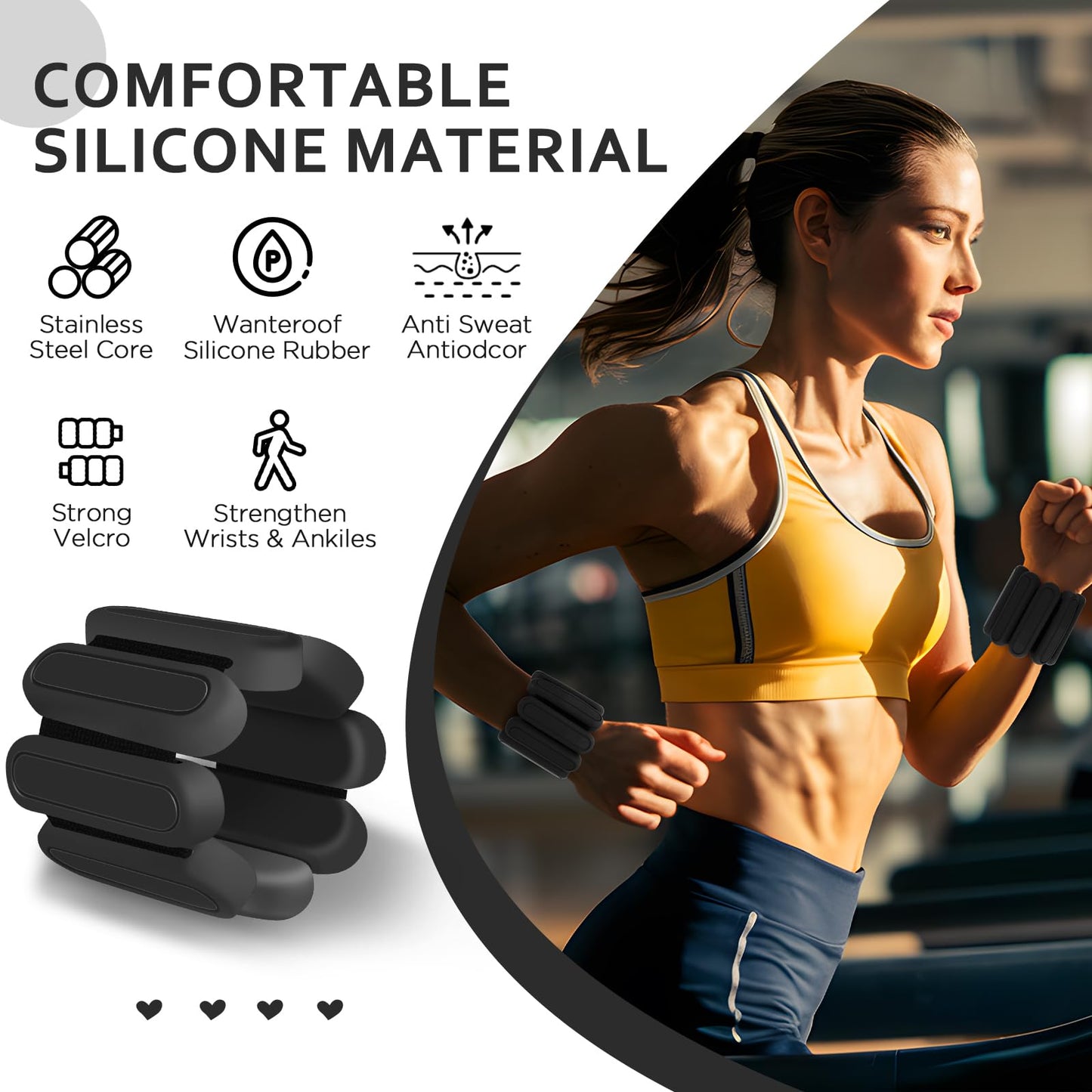 Adjustable Wrist & Ankle Weights Set of 2(1Lbs Each), Premium Silicone Wearable Weight Bracelets, Fits for Yoga, Pilates, Home Gym Workout, Dance, Pool Exercises, Jogging, Cardio, Strength Training (Black)