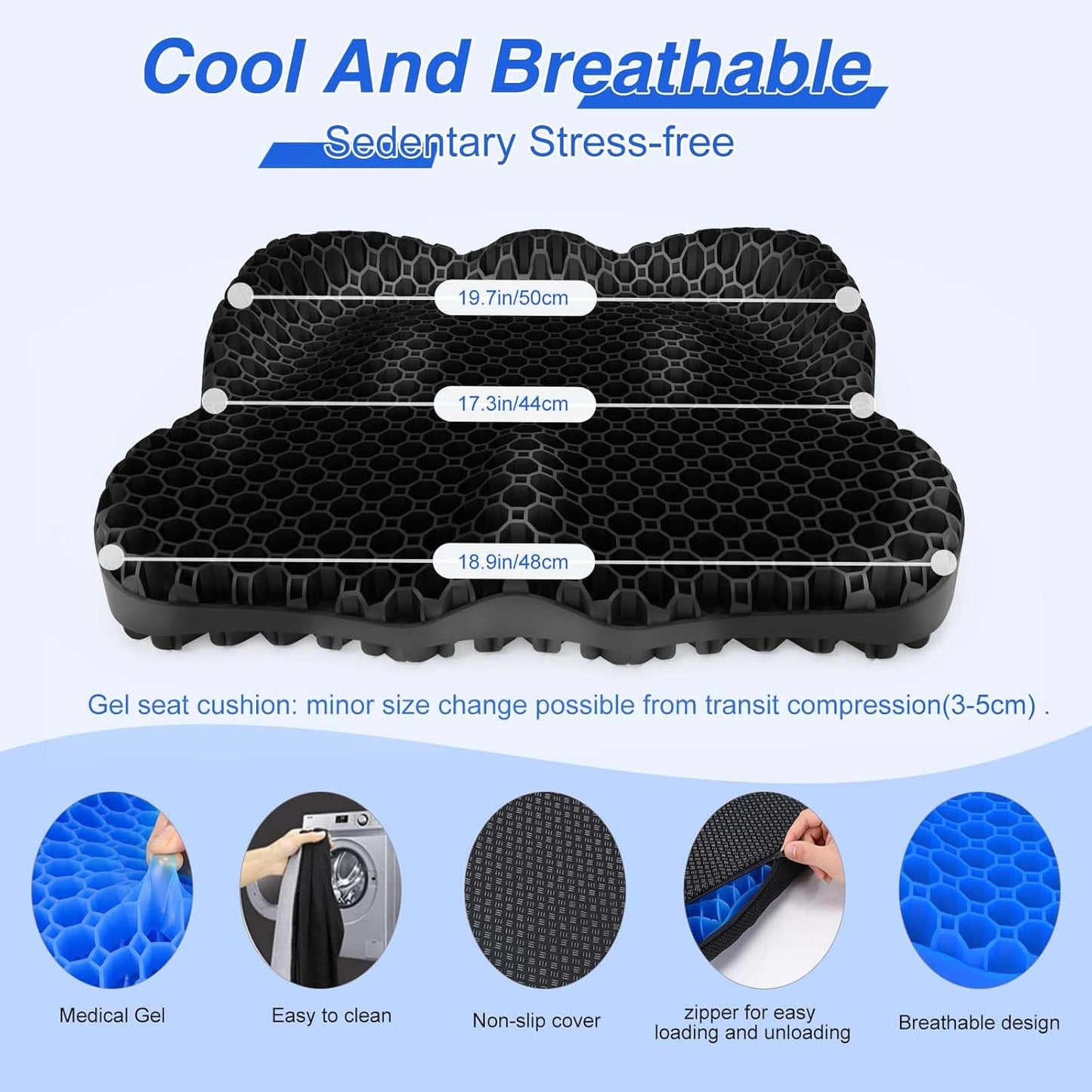 Thicken 19.7in Seat Cushion, Gel Seat Cushion for Long Sitting–Office Chair, Wheelchair, Car Pad, Large Cooling Support Pad for Back Pain, Sciatica, Tailbone Pain Relief