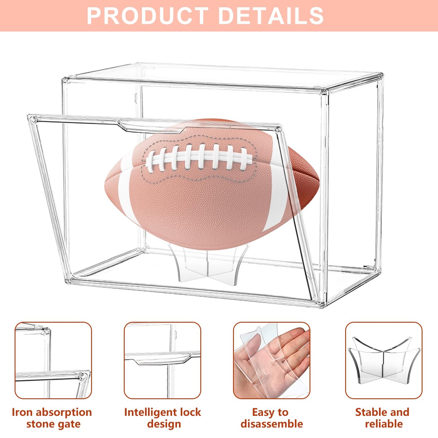 Football Display Case, Acrylic Football Display Case, Football Holder Case with UV Protection, Professional Grade Stackable Football Display Box Full Size (1PC)