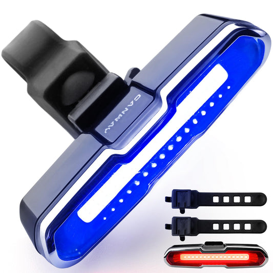 CANWAY Bicycle Rear Light Red Blue, Bike Tail Light Rechargeable 168 Lumens Bike Tail Light Battery USB C 500 mah Turn Signals 5 Modes Waterproof Safety for Road Mountain Night Riding