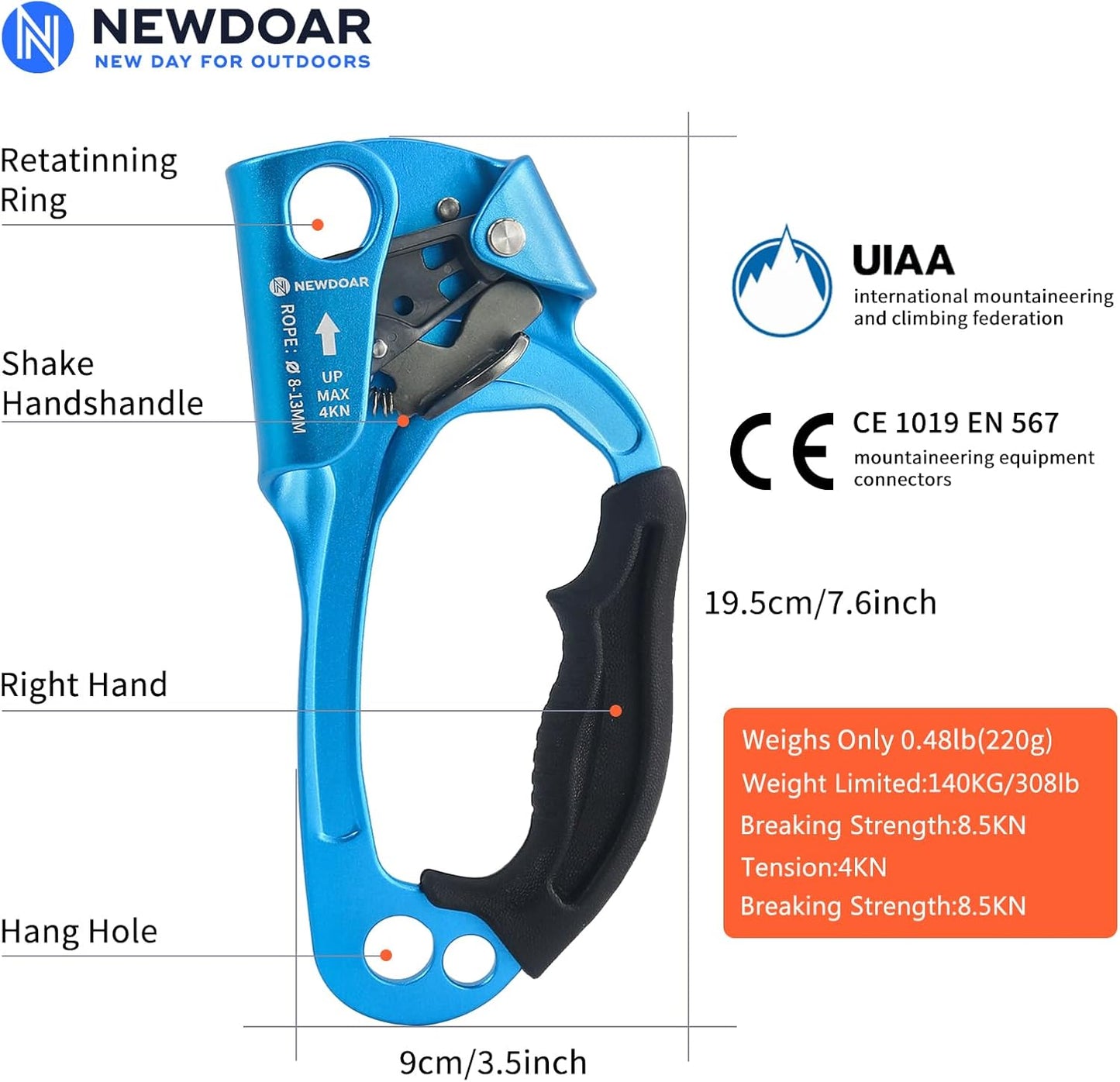 NewDoar UIAA & CE Certified Hand Ascender Rock Climbing Tree Arborist Rappelling Gear Equipment Rope Clamp for 8~13MM Rope