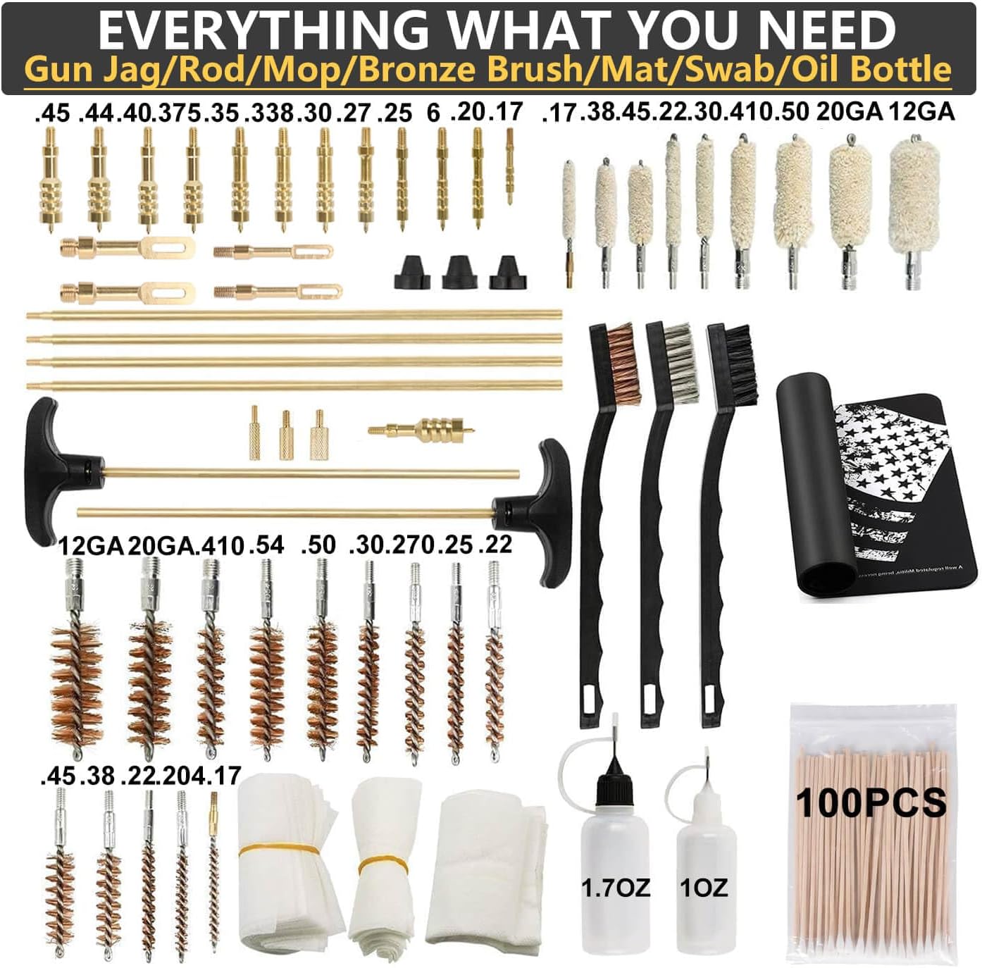 iunio Universal Gun Cleaning Kit, with Mat and Case, Full Brass Jags, Rods and Adapters, for All Guns, Rifle, Shotgun, Handgun, Pistol, Hunting, Shooting, All Caliber
