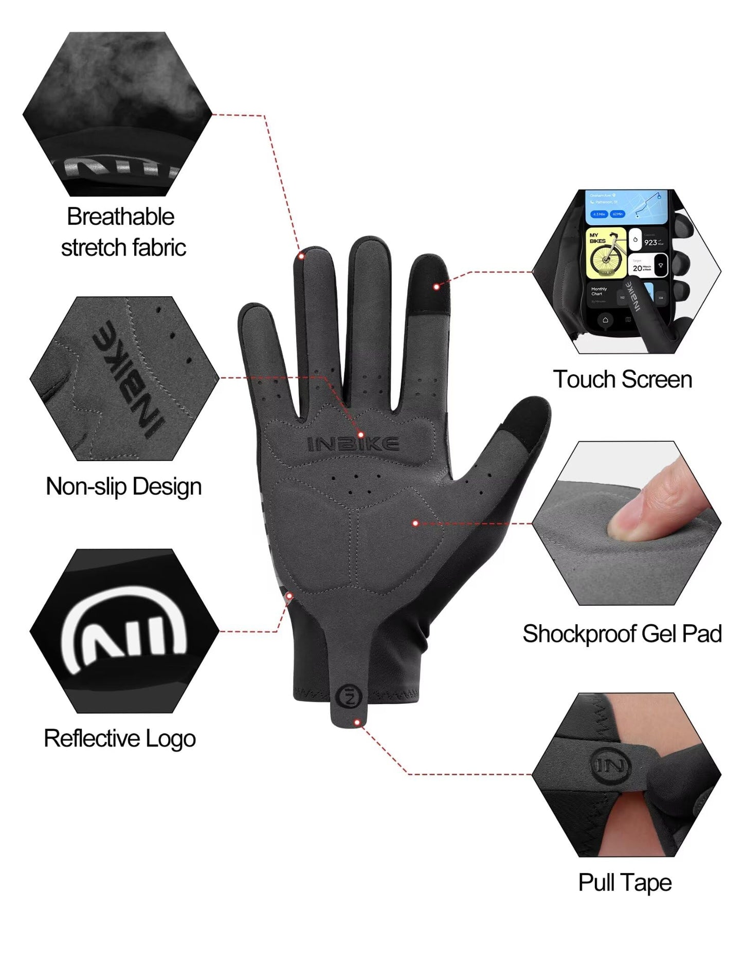 INBIKE Breathable Full Finger Bike Gloves for Men Women, Gel Pad Cycling Touchscreen Mountain Biking Gloves, Reflective Anti-Slip Workout Bicycle Gloves Black XX-Large