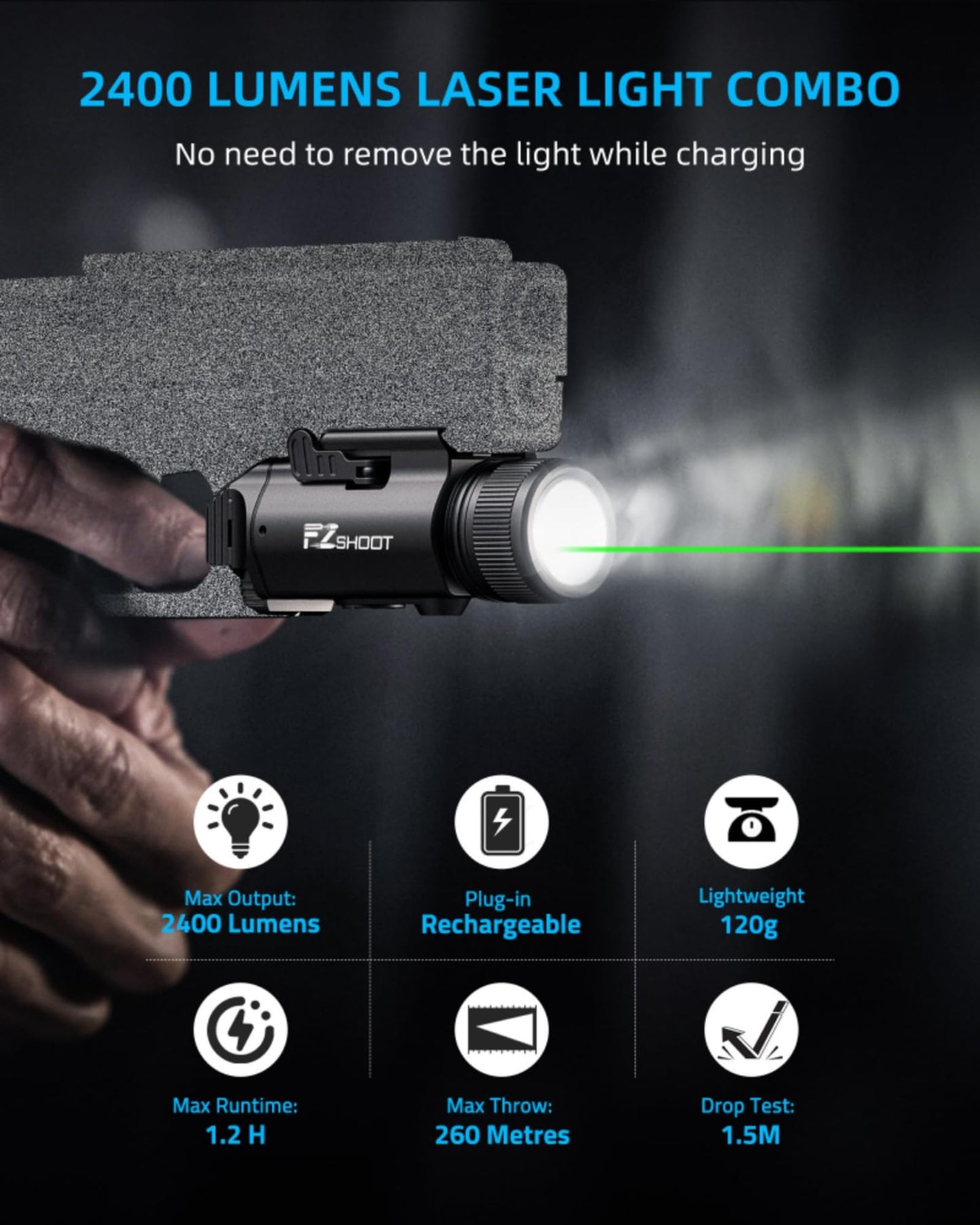 EZshoot 2400 Lumens Laser Light Combo with Strobe Mode, High Lumen Tactical Light for Pistol, Magnetic Rechargeable Green Laser Light with Quick Install Adjustable Slide Rail for Picatinny GL Rail