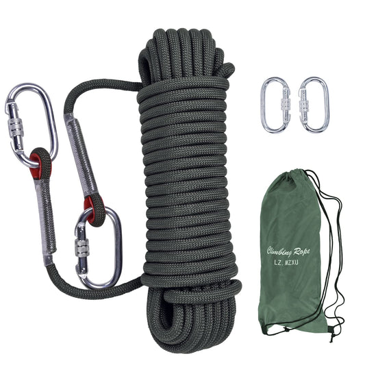 LZ.MZXU Climbing Rope, 12 mm Static Climbing Ropes, 32FT(10M) 65FT(20M) 100FT(30M) 164FT(50M) Outdoor Rock Climbing Rope with Hook, Safety Rappelling Ropes, Fire Rescue Parachute(Green, 32FT)