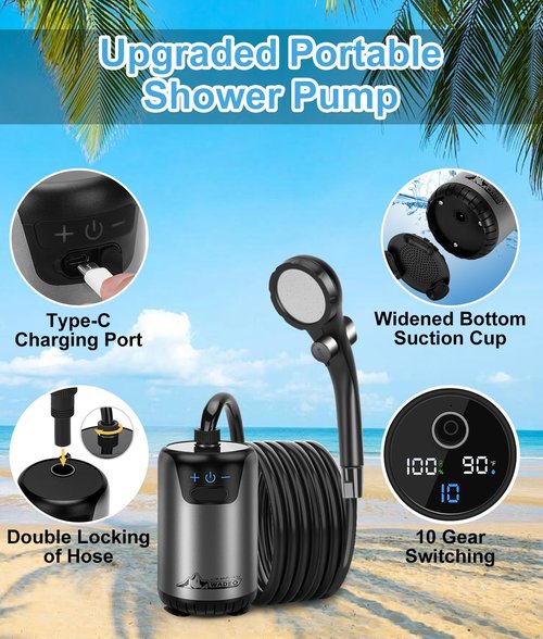 WADEO Portable Shower, 8000mAh Rechargeable Camping Shower Pump with 10 Spray Modes, Fahrenheit Display, IPX7 Waterproof, Ideal for Outdoor Camping, Travel, Car Washing, Pet Bathing